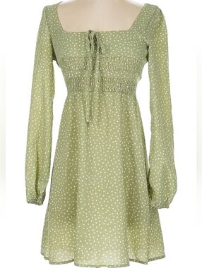 NASTY GAL Light Green Polka Dot Long Puff Sleeves Smocked Bodice Mini Dress Sz 4